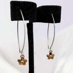 Tiny Daisy Long Wire Earrings 925 Sterling Silver Handmade Flower Dangles